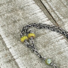 Antique Silver Hoot Owl Choker Czech Blue Picasso and Yellow Opal glass Beads