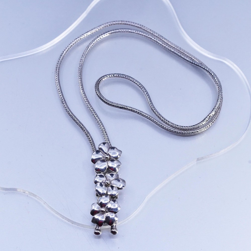 24” 3mm, vintage Sterling 925 silver wheat chain necklace flower slide pendants