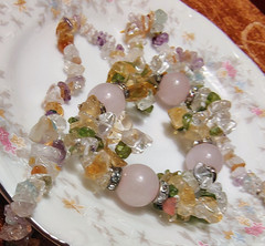 Gemstone Chip Long Necklace And Bracelet Rose Quartz Beads Rondelles Set