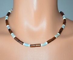 Stained Natural Wood, Mother Of Pearl & Amazonite Stone Necklace 19″