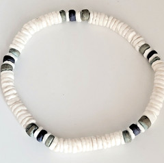 Vintage Puka Shell Heshi Stretch Bracelet White, Blue & Green Heshi Beads 10mm