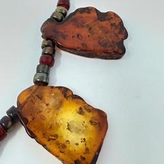Vintage Baltic Amber Statement Necklace 21” Cognac Slab Beads Copper Toggle Boho
