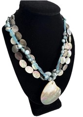 Artisan Blue Glass, Pearl, Shell Bead 3-Strand Pendant Toggle Necklace 17″