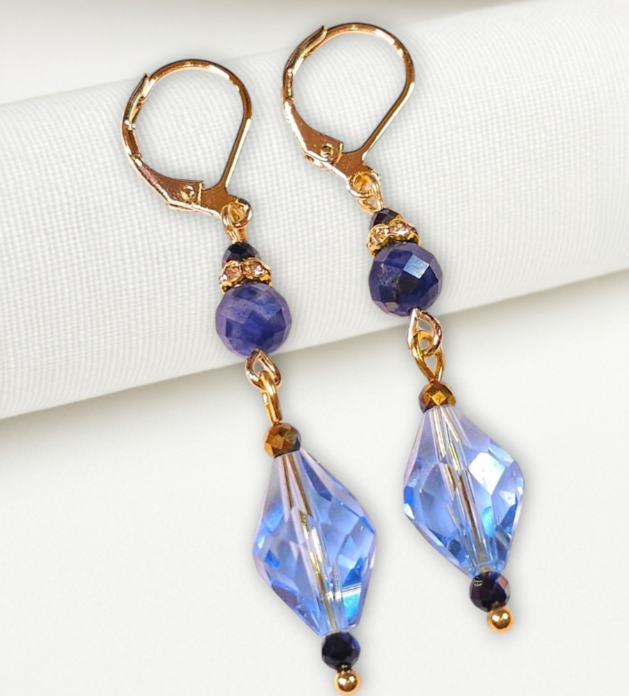 Lapis Lazuli Earrings Blue Denim Gemstones & Crystal 14K Gold Plated Dangle Drop