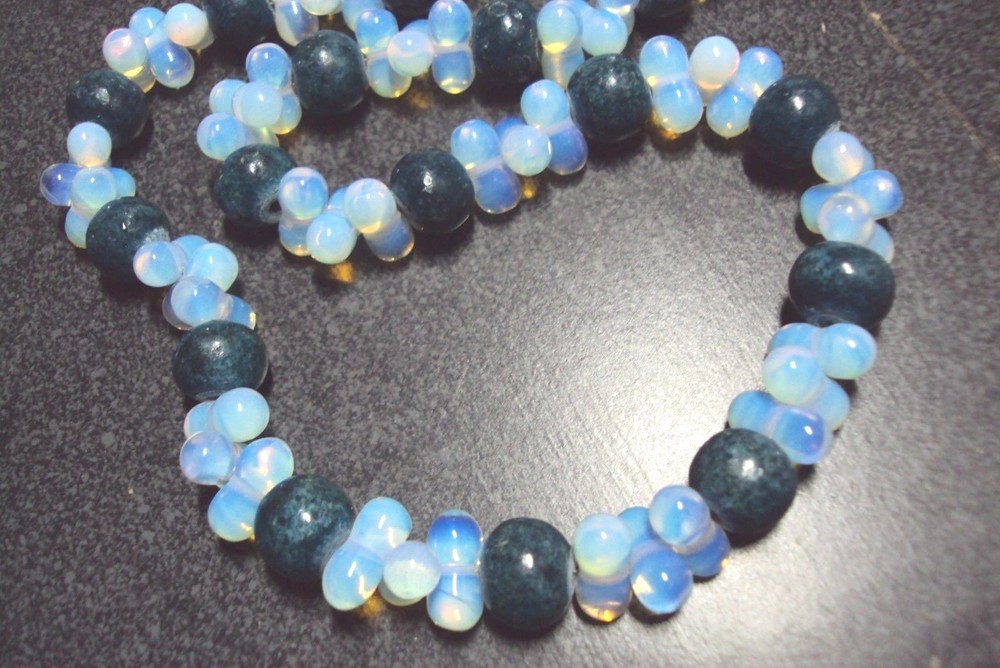 bold chunky White Opalite + round blue green coral gemstone beaded 21″ necklace