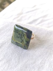 Handcrafted Gold Adjustable Polymer Clay Ring Square Green Yellow Black