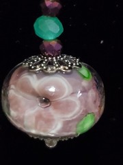 BEAUTIFUL LAMPWORK BLOWN GLASS BEAD 1 3/4″ PIERCED DANGLE EARRINGS, PURPLE/GREEN