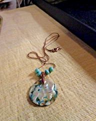 Artisan crafted, 1″ diameter paua pendant,magnestite beads, red copper snake cha