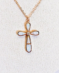 Rose Gold Opal Cross Pendant – Adjustable Necklace – Christian Gift for Her
