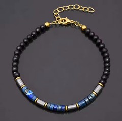 Natural Stone Bracelet for Men Black Onyx Lapis Hematite Gold Clasp Adjustable