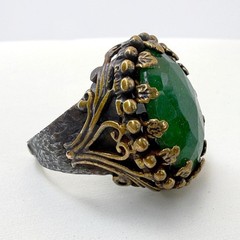Artisan Mixed Metal Green Stone Statement Ring Floral Filigree Sterling Silver