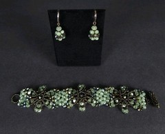 Artisan Peridot Green Gold Black Beaded Bracelet Leverback Earring Set
