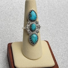 3-Stone Turquoise Statement Ring w/Stars. Size 7. 925 Sterling Silver