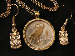 GREEK OWL COIN HEAVY SILVER AND GOLD PLATE 18 INCH PENDENT NECKLACE