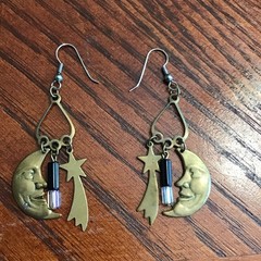 Vintage Handmade Moon And Shooting Star Earrings