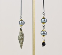 Auger seashell drop earrings, accent gray pearl mismatched earrings