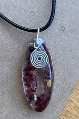 Handmade Garnet & Clear Quartz Resin Necklace with Spiral Charm – Moon-Charged