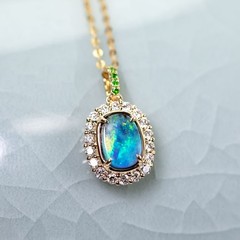 Halo Diamond Tsavorite Australian Boulder Opal Pendant Necklace 18k Yellow Gold