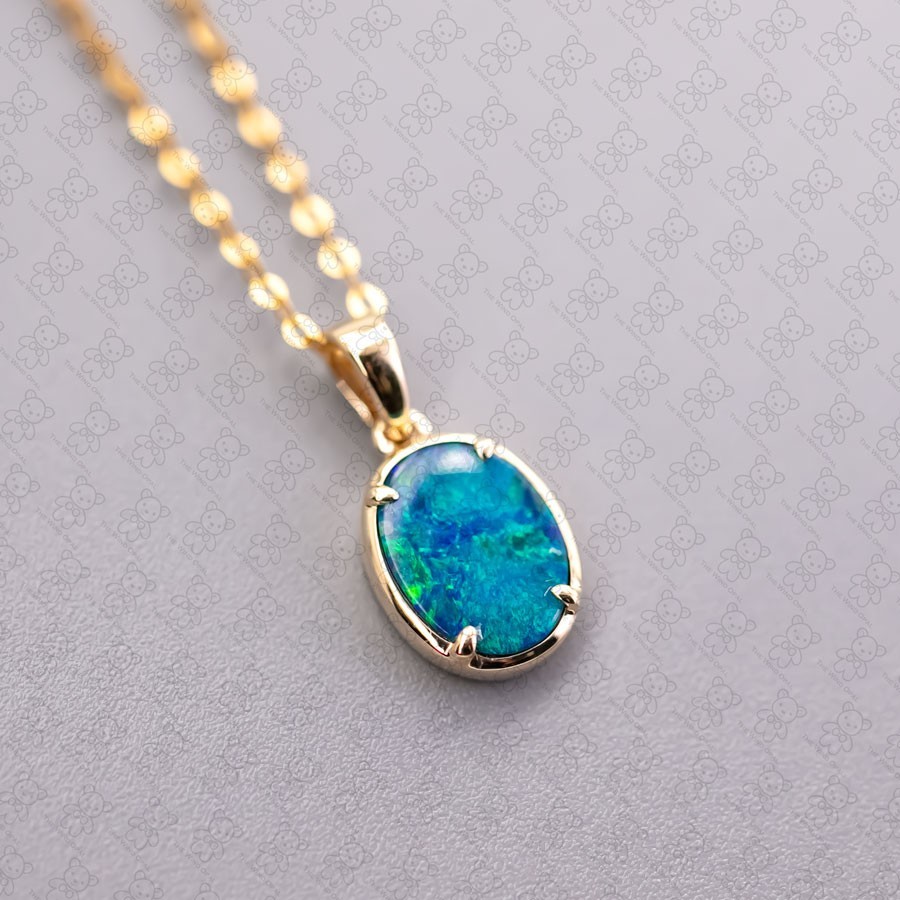 Minimal Oval Australian Doublet Opal Pendant Necklace 14k Yellow Gold Charm