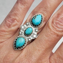 3-Stone Turquoise Statement Ring w/Stars. Size 7. 925 Sterling Silver