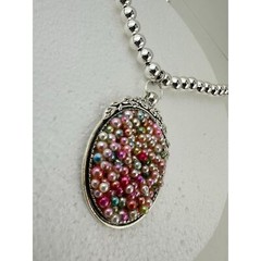 Pink Pearlescent Palooza Bubbles OOAK Oval Bezel Baroque 925 Ball Chain Necklace