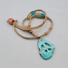 Carved Blue Stone Peace Sign Pendant Necklace Woven Hemp Cord Glass Bead 22″