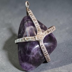 Vintage Artisan Amethyst Nugget Pendant Silver Tone Handmade Gemstone 2″