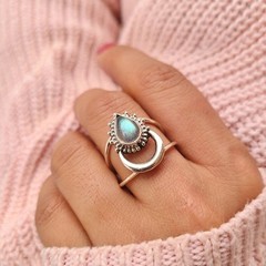 Genuine Labradorite Ring 925 Sterling Silver Crescent Moon Boho Statement Gift