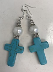 Turquoise Cross Earrings With White Pearls And Crystal Spinners 646