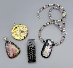 Fused Dichroic Glass Necklace Pendants Lot Of 4 Pink Blue Gold Black Red Tones