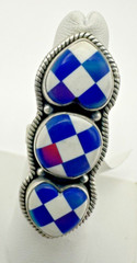 Sterling Silver Aurora Opal Blue White Triple Checkerboard Ring Adjustable Size