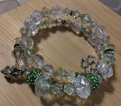 Handmade 14.5in Wrap Bracelet-Plastic, Rhinestone Spacers-Iridescent-Green.
