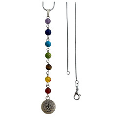 Chakra Tree of Life Pendant Lariat Necklace Gemstone Glass Beaded Silver Chain