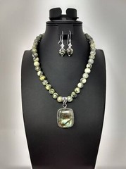 Shades of Green Serpentine Necklace and Earrings Focal Sterling Silver Pendant