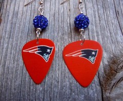 NFL New England Patriots Guitar Pick Earrings with Blue Pave Beads