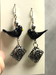 Handmade Glass Bye Bye Black Bird w/ Detailed Dangle on Silver Plated Hooks