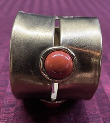 VTG Hand Made Brass And Red Jasper Cabochon Cuff Bracelet Costume/Brutalist