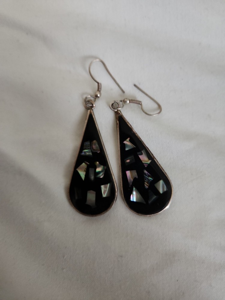 Mexico Alpaca Silver Handmade Earrings, Teardrop With Abalone And Resin