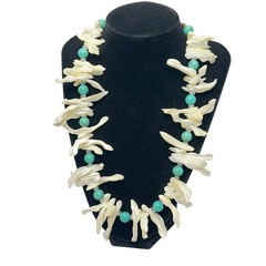 Mother of Pearl Necklace Blue Stone & Quartz Crystal Spacers MOP Statement 925