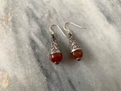 Carnelian in repousse Tibetan Silver, Sterling Silver Plated Hooks Earring 11