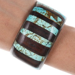 6.9″ Vintage Native American sterling silver cuff bracelet Ironwood/turquoise i