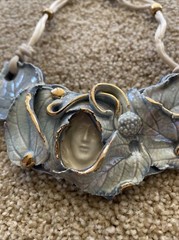Fired Fantasies Clay Pottery Statement Necklace Fairy Image With Pattern Leaf