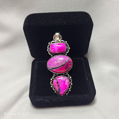 Sterling Silver 925 Hot Pink Dendritic Agate Three-Stone Pendant Handmade
