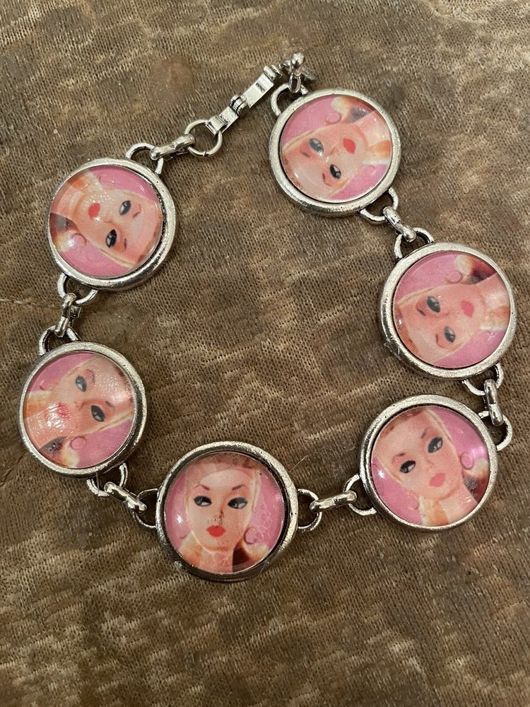 Retro 1950s Pink Doll-icious Barbie 6-Circle Link Antique Silver Bracelet