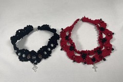 Vintage Handmade Goth Crochet Black White & Red Choker Necklace Set by Odythia