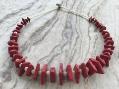 Handmade Short Necklace of Red Dyed Stone Beads and White Mother of Pearl Shell