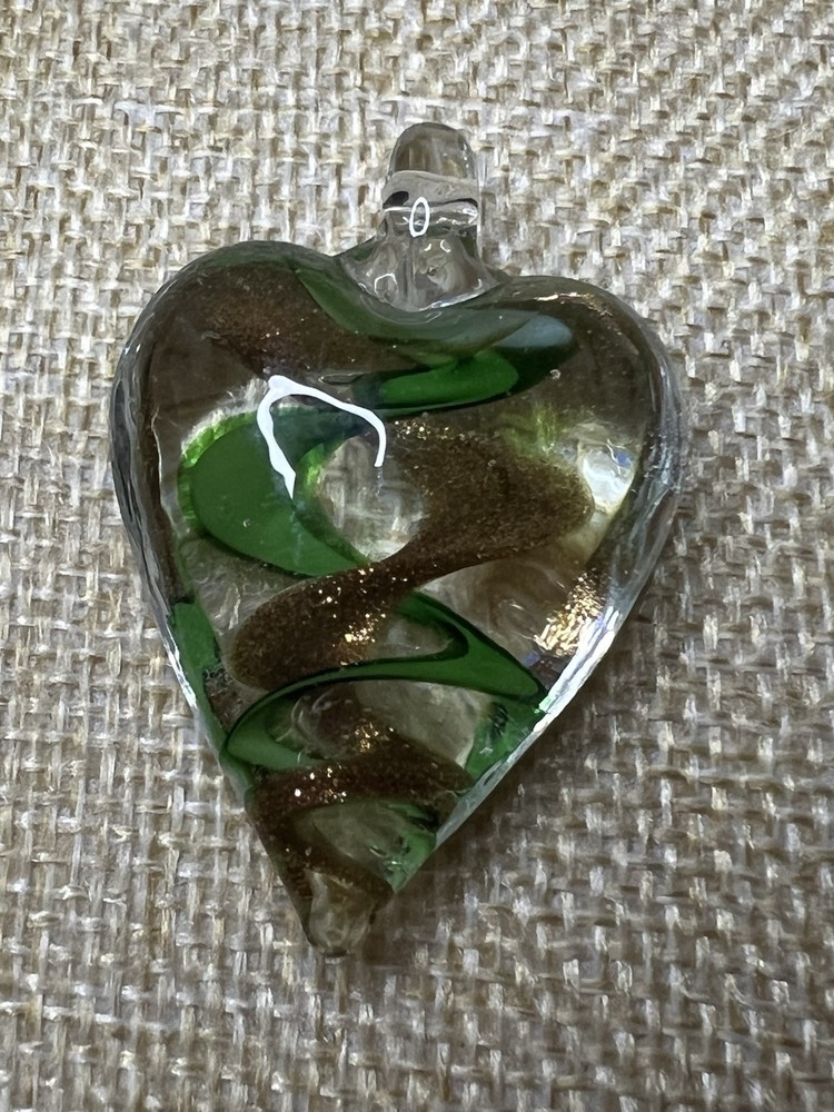 Artisan Hand Made Lampwork Glass Flower Green & Gold Tone Glitter HEART Pendant