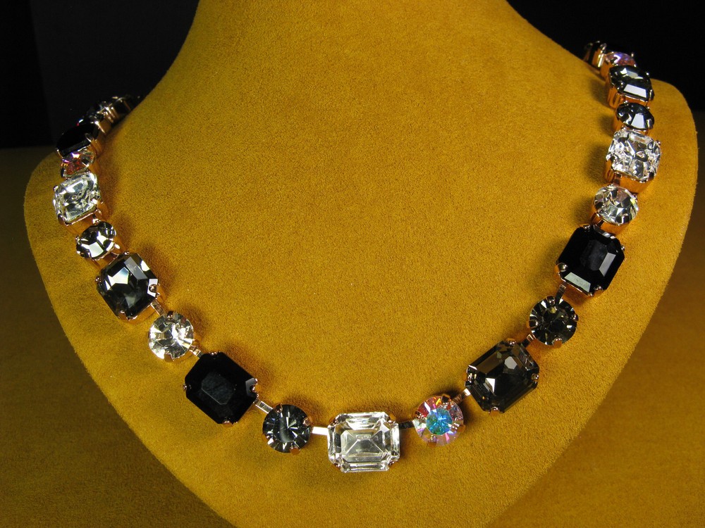 MARIANA NECKLACE SWAROVSKI CRYSTALS ROSE GOLD PL BEAD TENNIS Black White Gray