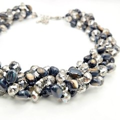 Hand-Knotted 5-Strand Polished Abalone Nuggets and Smoky Glass Necklace