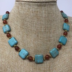 Necklace of Turquoise Magnesite Squares, Round Red Agate, and Gold Tone Beads